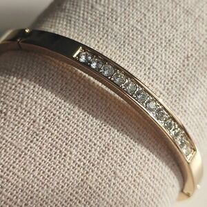 Gold Tone Bangle Bracelet Crystal Inset Hinged Link Women Minimalist Rhinestone